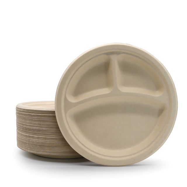 Biodegradable 9" Round Plant Fibre Plate with 3 compt 