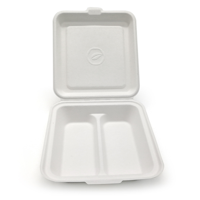 Biodegradable Sugarcane Pulp 8" Clamshell with 2 Compartment